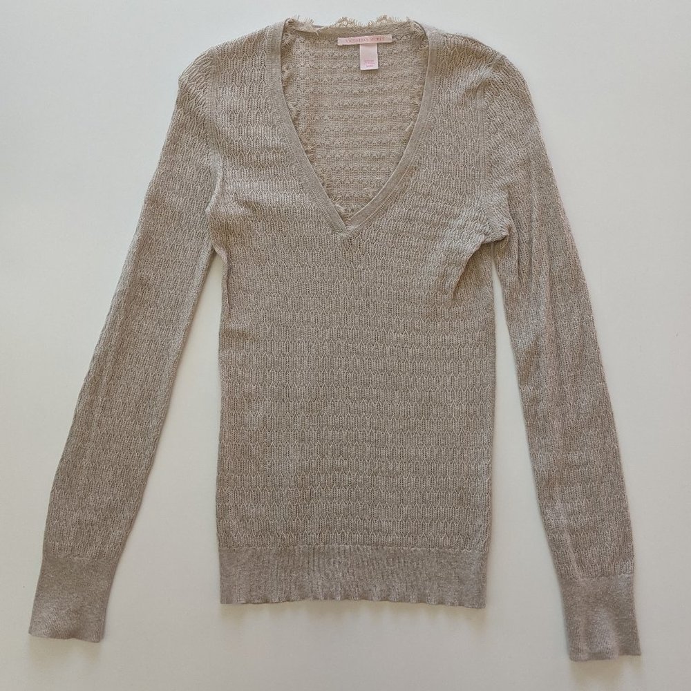 Victoria's Secret Pointelle V-Neck Top Sz M - Tan